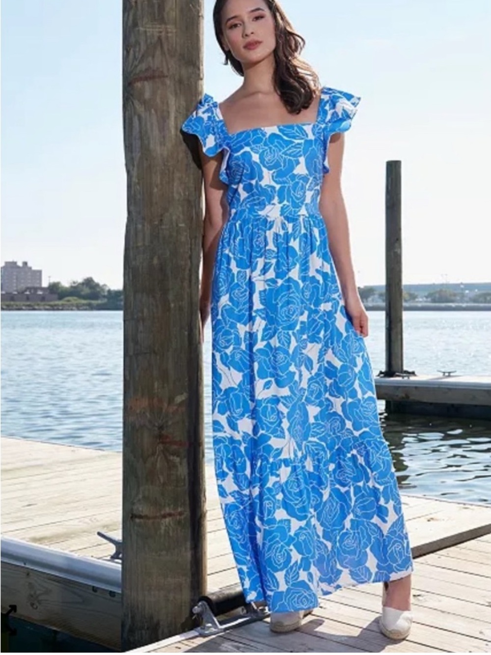 London Times White and Blue Floral Ruffle-Sleeve Maxi Dress
